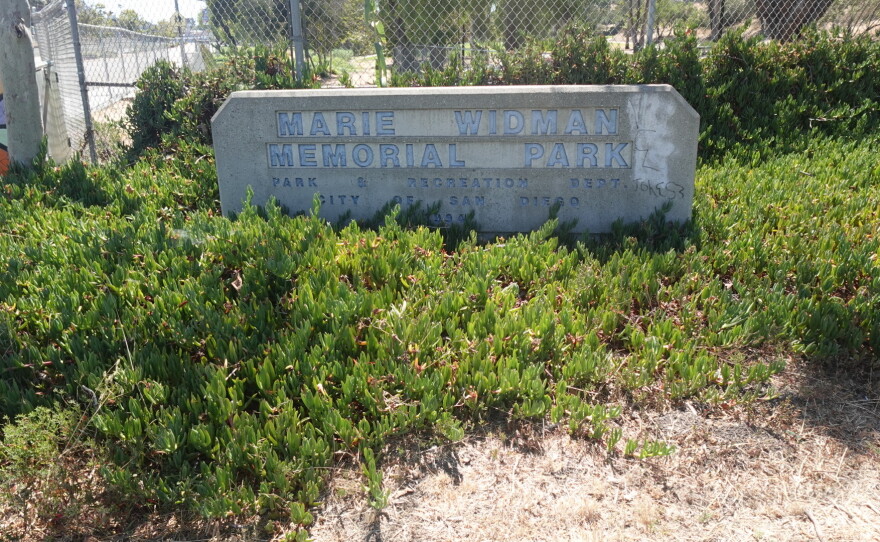 Marie Widman park sign on July 8, 2026.