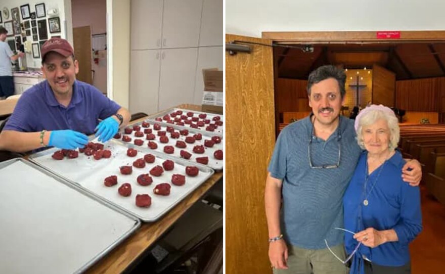 First: Joe Graham at his volunteer job at a community kitchen. Last: Joe with his mom Katherine Graham. Photos courtesy of Katherine Graham