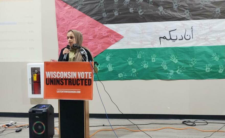 Halah Ahmad of Listen to Wisconsin speaks to supporters of the "uninstructed" movement in Milwaukee on Tuesday evening after polls closed in Wisconsin's presidential primary.