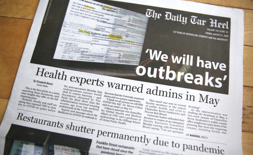 The Friday, Aug. 21, edition of <em>The Daily Tar Heel.</em> The student-run newspaper broke the news of UNC's first coronavirus clusters.