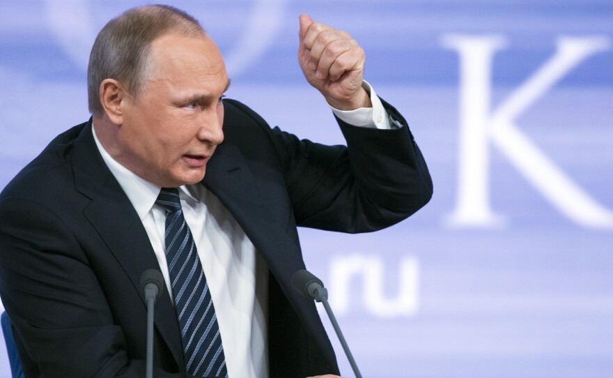 Russian President Vladimir Putin delivers his annual year-end news conference in Moscow on Thursday.