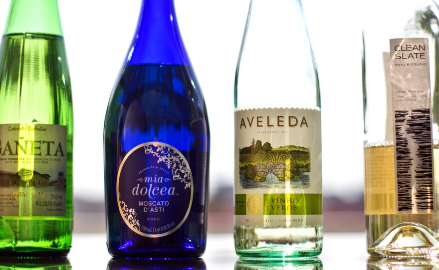 (From Left, clockwise) Ganeta Txakolina from Spain, Mia Dolcea Moscato D'Asti from Italy, Aveleda Vinho Verde from Portugal, and Clean Slate Riesling from Germany.