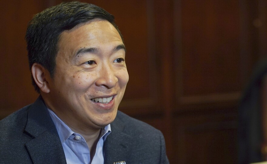 Democratic presidential candidate businessman Andrew Yang speaks during an interview in Chicago. Yang has qualified for the sixth Democratic primary debate next week.