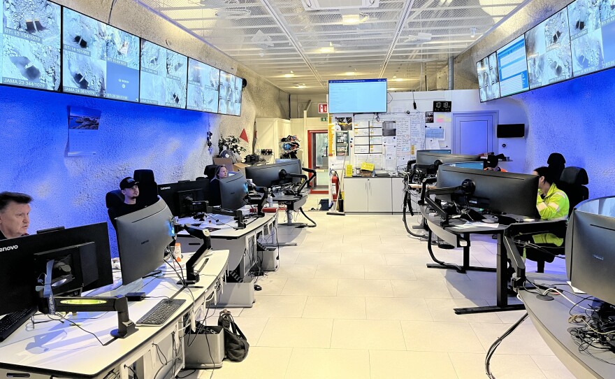 An operations room at the mine. Much of the mining is done remotely, including blasting stone, which happens at 1:30 a.m. every night.