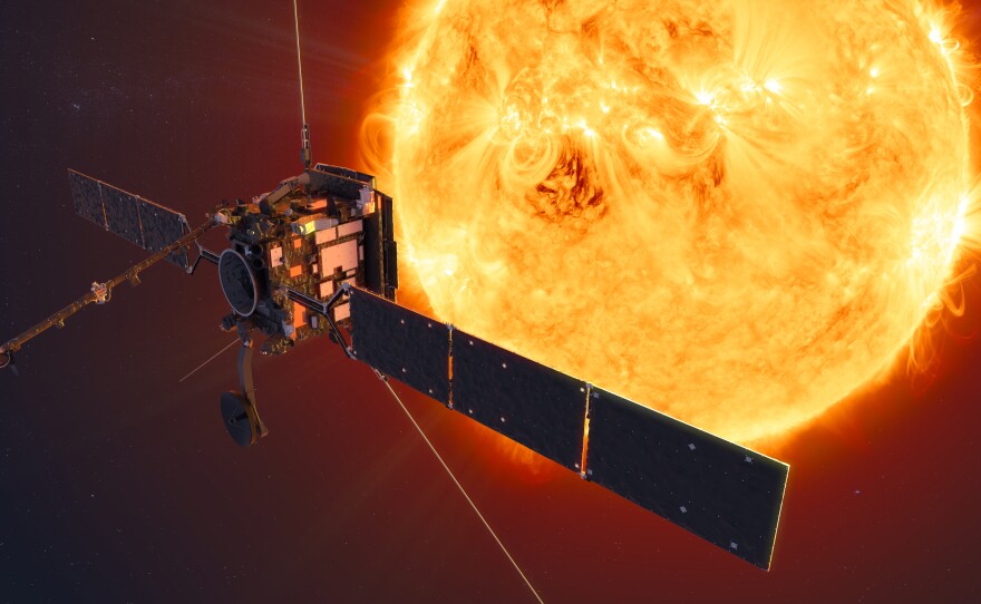 Solar Orbiter, seen in this artistic rendering, is a collaboration between the European Space Agency and NASA to study the sun and what drives the solar wind that creates space weather that affects Earth.