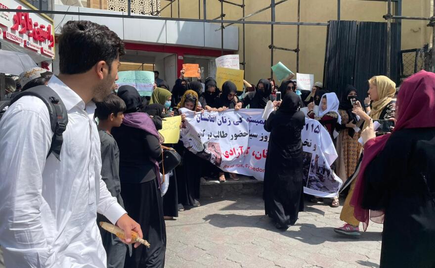 Protesters in Kabul Saturday marked the anniversary of the Taliban's resumption of power as a day of solidarity with Afghan women. The protesters also demanded the international community step up to help them.