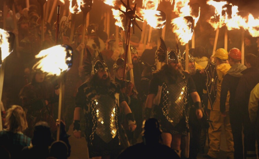 Viking re-enactors take part in the annual Up Helly Aa festivities in Lerwick, Shetland.