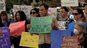 Parents and students join teachers at Jacobs High Tech High, Tuesday. A rally was held in support of the High Tech Education Collective teachers union demanding approval of their pending contract, San Diego, Calif., on November 1, 2022.