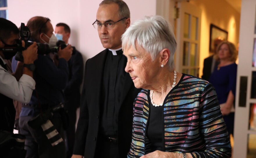 Scalia and his mother, Maureen Scalia, the widow of Supreme Court Justice Antonin Scalia, attend the Rose Garden event introducing Judge Amy Coney Barrett as President Trump's nominee to the Supreme Court.