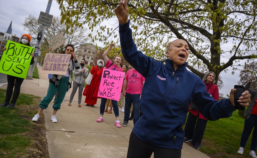 <strong>HARTFORD</strong>: Demonstrators, including Dawn Merritt, gather outside the Connecticut State Supreme Court in response to a leaked draft opinion from the U.S. Supreme Court overturning Roe v Wade.
