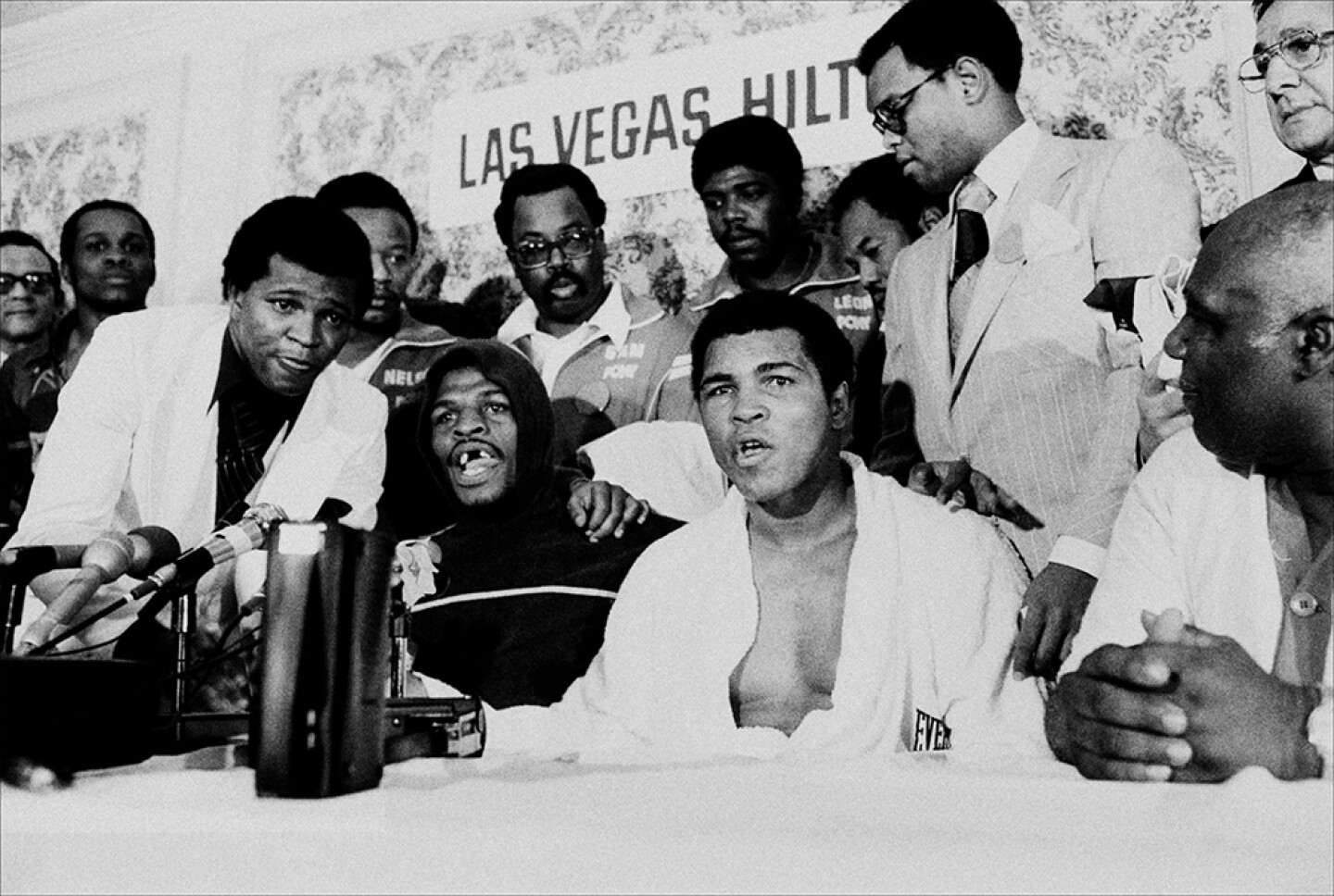 Press conference after Leon Spinks beat Muhammad Ali to win the Heavyweight Championship from the aging Champ. Las Vegas, Nev. Feb. 15, 1978.