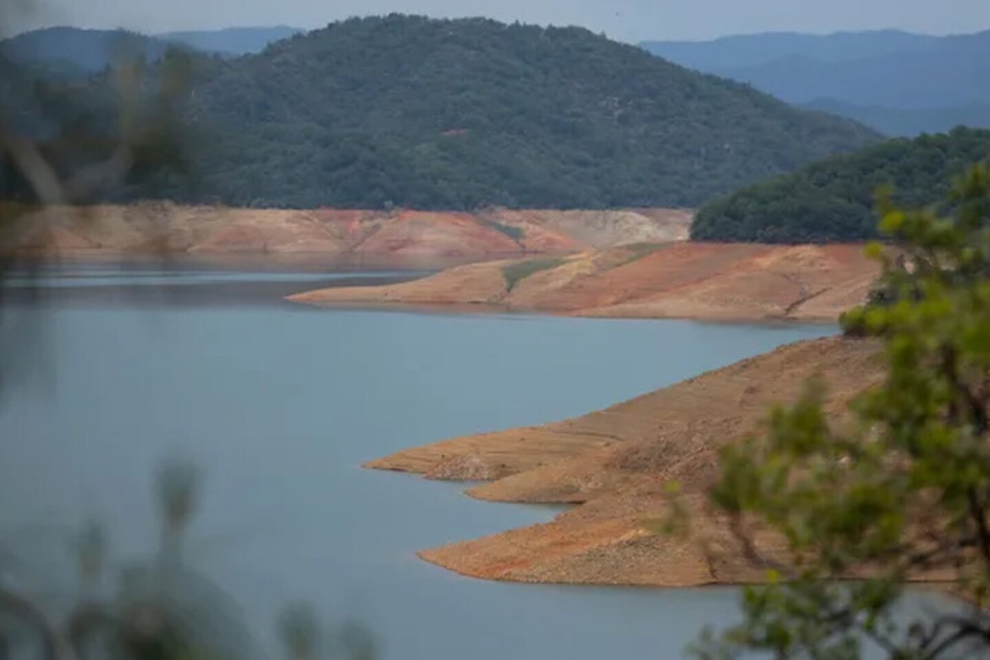 Low water levels at Shasta Lake on April 25, 2022, during a drought year.