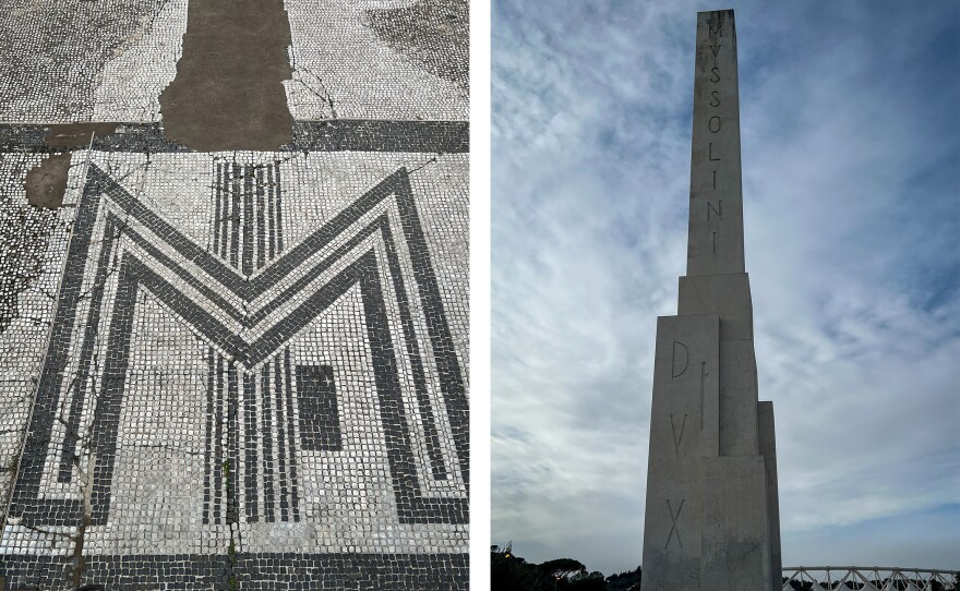 A mosaic pays tribute to Mussolini with a large M, left. Nearby, a 57-foot obelisk is inscribed "Mussolini Dux," Latin for Leader Mussolini.