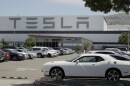 Vehicles are seen parked at the Tesla car plant in Fremont, Calif., on Monday. The parking lot was nearly full; Tesla resumed production in defiance of an order from county health authorities.
