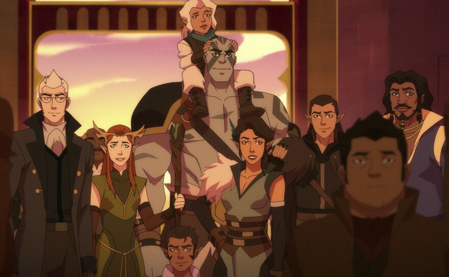 Taliesin Jaffe (Percy de Rolo), Marisha Ray (Keyleth), Sam Riegel (Scanlan Shorthalt), Ashley Johnson (Pike Trickfoot), Travis Willingham (Grog Strongjaw), Laura Bailey (Vex'ahlia), Liam O'Brien (Vax'ildan), Sunil Malhotra (Gilmore) in <em>The Legend of Vox Machina.</em>