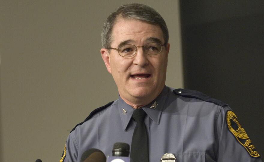 Virginia State Police Superintendent Steve Flaherty announced his retirement Tuesday after 42 years with the force. Flaherty is pictured here in 2007, briefing the media following the shooting at Virginia Tech.