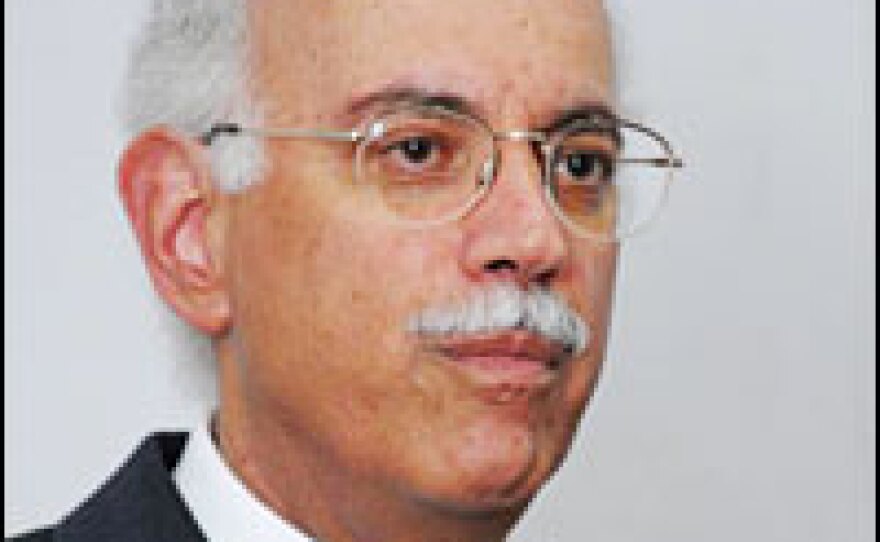 Special envoy to Darfur Andrew Natsios speaks during a press conference at the end of his visit to Sudan, July 13.