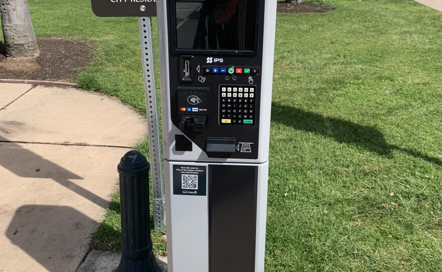 A parking kiosk is shown in Balboa Park on March 2, 2026.