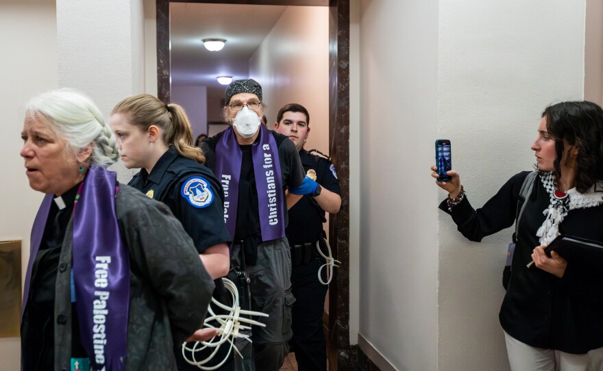 Capitol Police arrest demonstrators with Christians for a Free Palestine for protesting inside a U.S. Senate cafeteria for a ceasefire and aid for Gaza, Washington, D.C., on April 9.