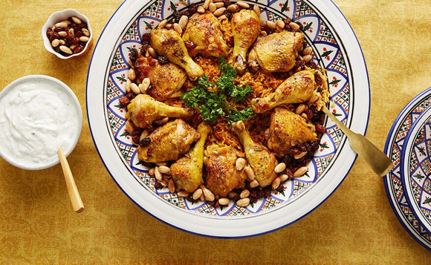 Pictured: Chicken kabsa. The Arabian Gulf’s world-class hospitality is highlighted in this episode as Martha Stewart prepares flavor-packed favorites perfectly fit for a crowd. 