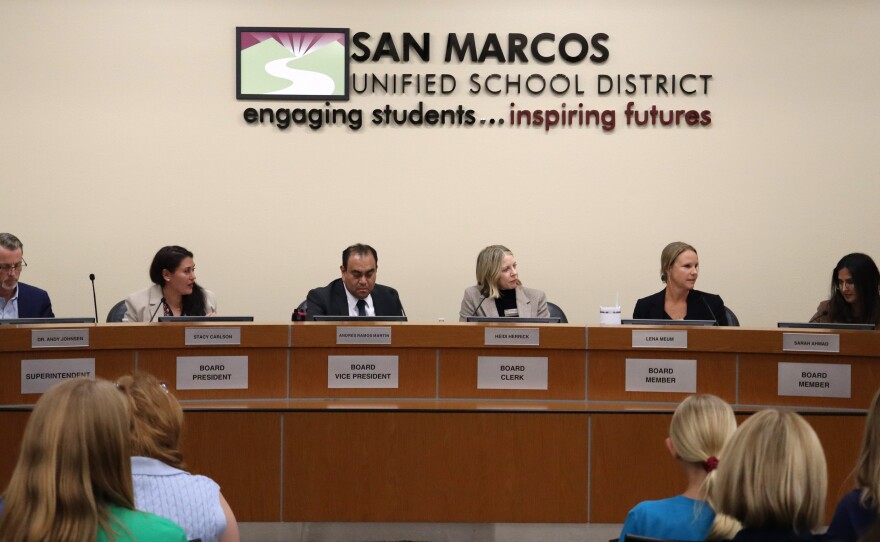 The San Marcos Unified School District's board discusses potential staff layoff notices on Thursday, Feb. 26, 2026.