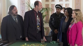 Mark Benton as Frank Hathaway, David Langham as Jasper Snout, Amber Aga as Di Marlowe, Jo Joyner as Lu Shakespeare in a scene from SHAKESPEARE & HATHAWAY-PRIVATE INVESTIGATORS "Nothing Will Come Of Nothing."
