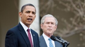 President Obama speaks about the efforts to coordinate American charitable aid to the   earthquake victims in Haiti as former Presidents George W. Bush and Bill Clinton (not pictured) listen in the Rose Garden of the White House Jan. 16, 2010.