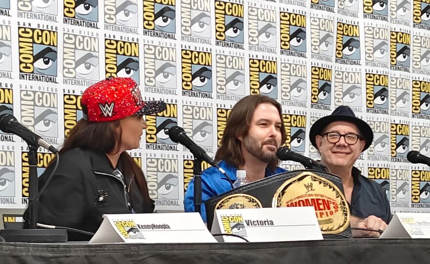 Voice actor Jon Allen (center) speaks at a voice acting panel at Comic-Con on July 24, 2025.