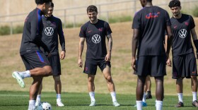 Christian Pulisic (center) warms up with other members of the U.S. men's national soccer team at the Atlanta United training center in Marietta, Ga. on Friday. The U.S. squad is preparing for two key pre-World Cup games in Atlanta against Belgium on Saturday and Portugal on Tuesday.