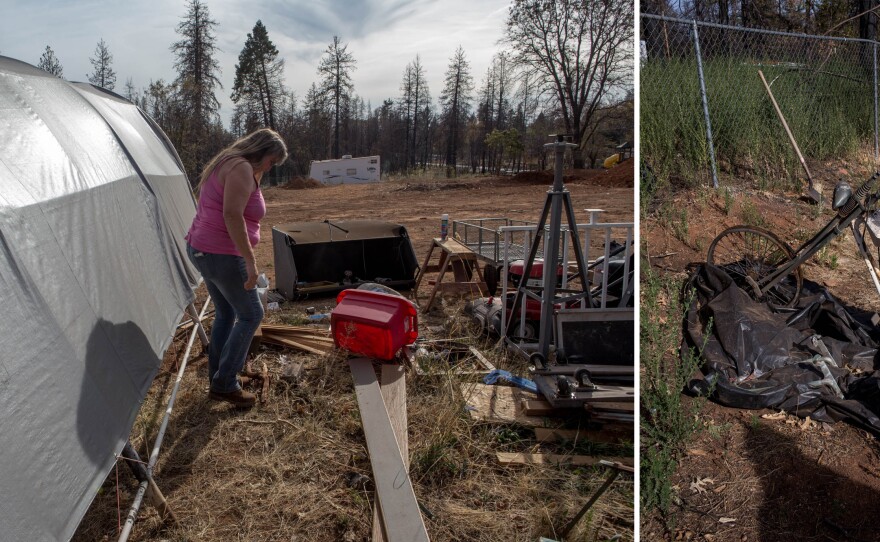 Karen Roberds lost her home and many personal possessions in the Camp Fire, including her motorcycles. "The biggest thing that we got out of here when we left was our next-door neighbor's dog. It was the Harley-Davidsons or the dog, " she says. "No-brainer." She still lives on the property and recently had a modular home installed.