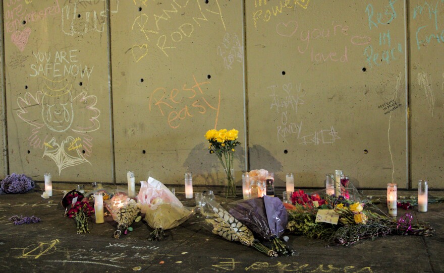 A makeshift memorial is set up under the San Diego City College Bridge on B Street between Park Blvd and 16th street, San Diego, Calif. March 17, 2021.