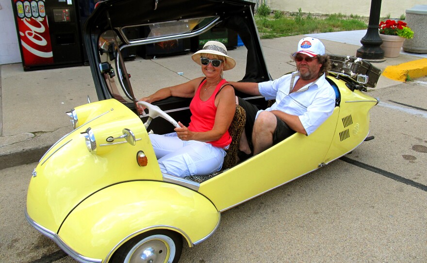 Erik and Mary-Ann Gjermundsen of Norway are making the nearly 3,400-mile trip across the U.S. in their small Messerschmitt.
