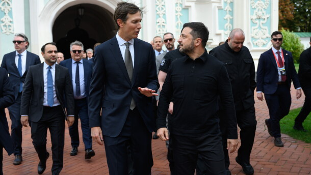 In this photo provided by the Ukrainian Presidential Press Office, Ukraine's President Volodymyr Zelenskyy, right, and U.S. President Donald Trump's envoy Jared Kushner talk in Kyiv, Ukraine, Sunday, Sept. 6, 2026.
