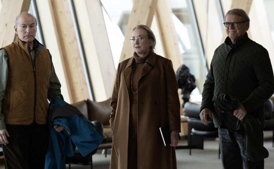 Frank (Peter Friedman), Gerri (J. Smith-Cameron), and Karl (David Rasche). I couldn't find out where this was shot, but both indoors and outdoors, they do this very Scandinavian, non-Manhattan look that emphasizes how far from home Waystar is.