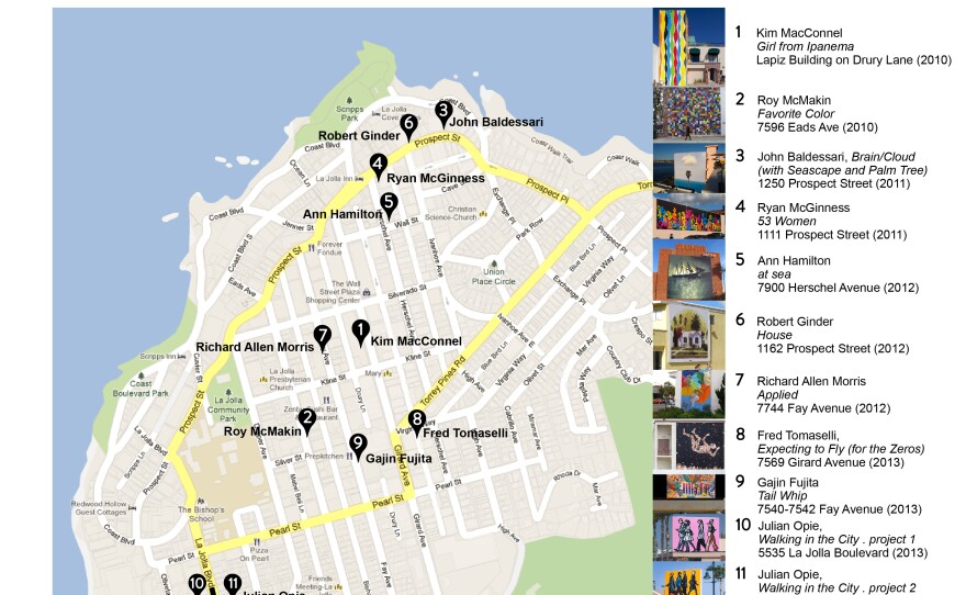 A map detailing the locations of the murals in La Jolla.
