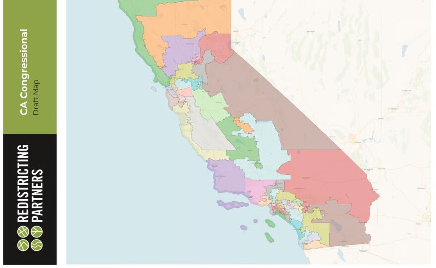 The new congressional map drafted by Paul Mitchell's firm, Redistricting Partners. Gov. Gavin Newsom proposed drawing a new temporary map that favors Democrats. Voters will decide in November whether to approve it.
