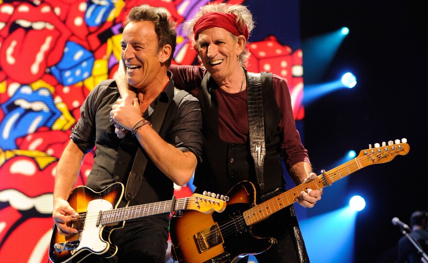 Bruce Springsteen and Keith Richards of The Rolling Stones performs at the Prudential Center on Dec. 15, 2012 in Newark, New Jersey.