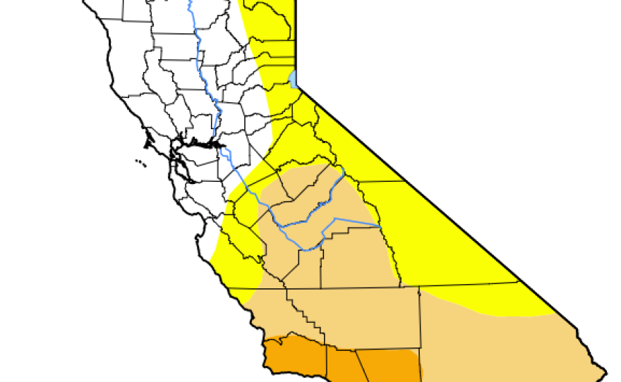A California map displaying areas with drought is shown in this image.
