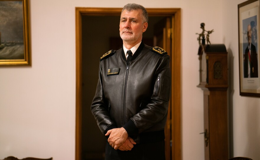 Vice Adm. Henrique Gouveia e Melo in his office. Gouveia e Melo is a high-ranking naval officer and runs the vaccine program.