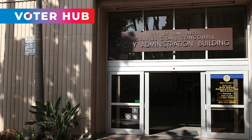 The entrance of the City Administration Building is shown in an undated photo with the Voter Hub overlay.