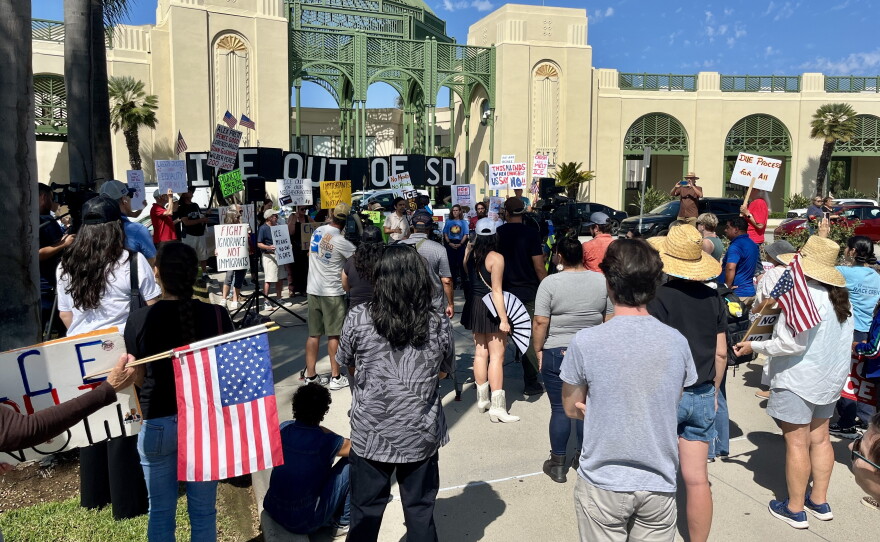 Protestors gather in front of Escondido City Hall, Sept. 24, 2026.