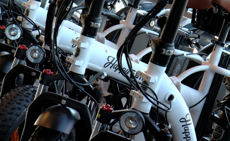 E-bikes lined up at Happy EBIKES in Encinitas, February 1, 2023.