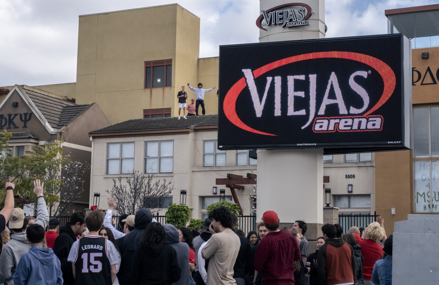 Fans of San Diego State basketball tried to get into Viejas Arena on campus to watch their team take on the University of Connecticut Huskies in the NCAA men’s basketball final. San Diego, April 3, 2023.
