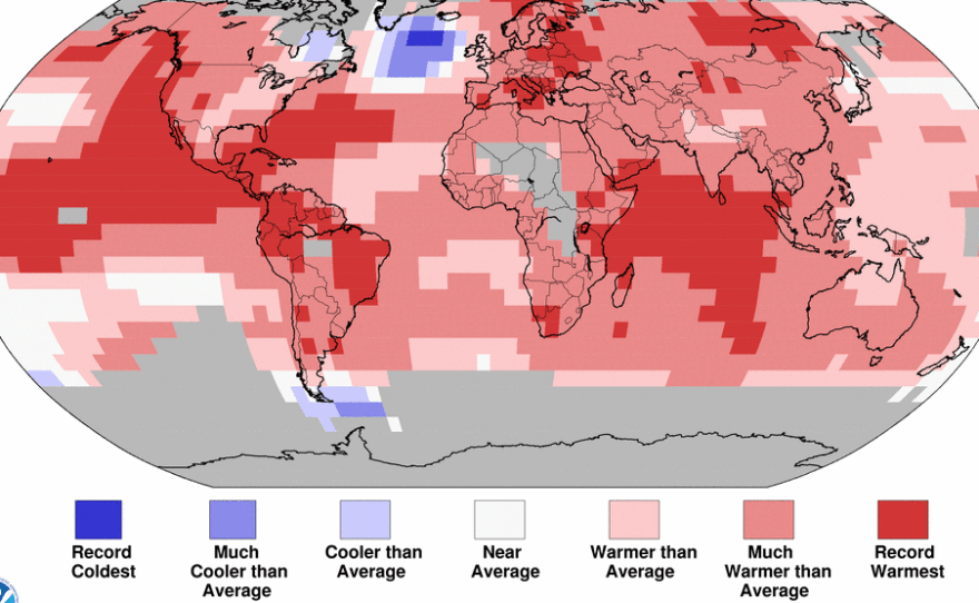 Land and sea temperatures were above average in most parts of the world in 2015, as seen in this graphic from NOAA.