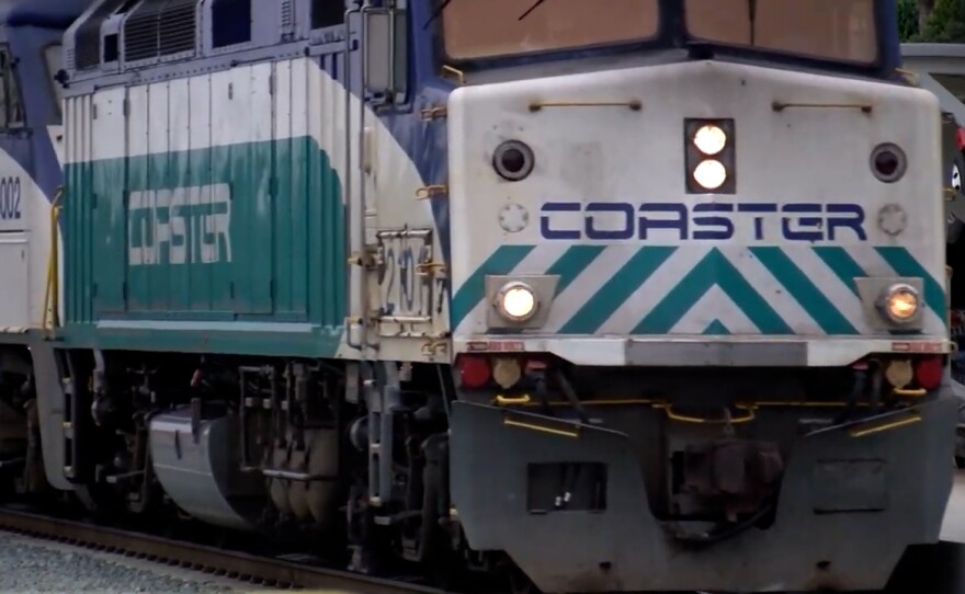 A Coaster train arrives at the Poinsettia station in Carlsbad, Aug. 19, 2019.