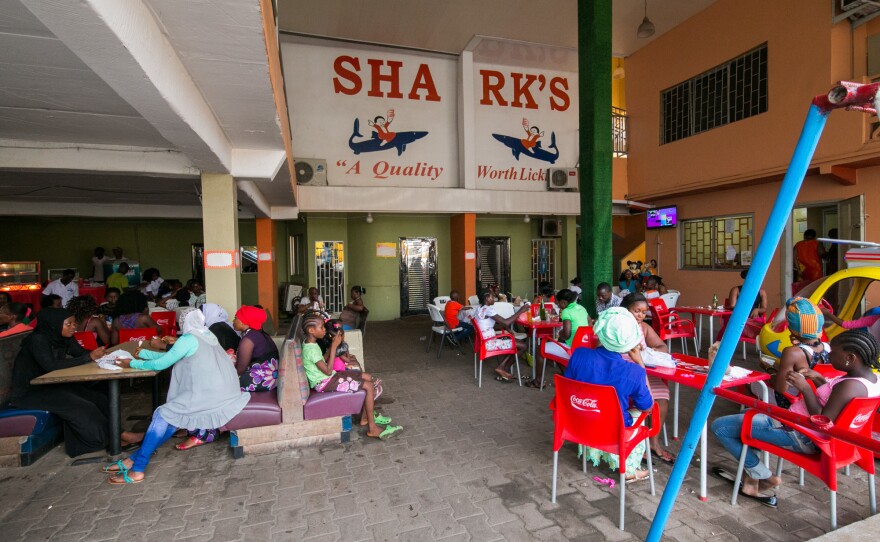 The outdoor eating area at Shark's.