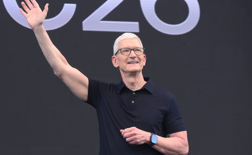 CEO Tim Cook waves during the annual World Wide Developers Conference at Apple's headquarters in Cupertino, Calif., Monday, June 8, 2026.