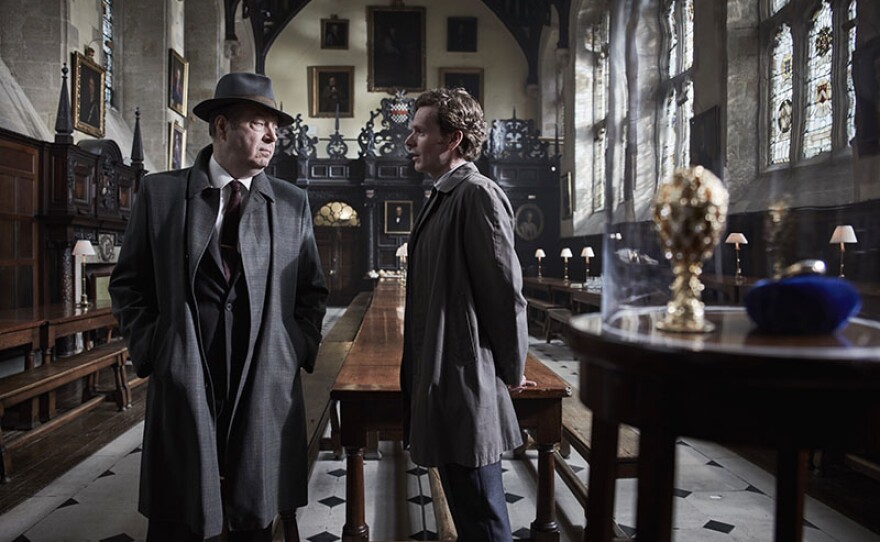 Shown from left to right: ROGER ALLAM as Detective Chief Inspector Fred Thursday and SHAUN EVANS as Detective Sergeant Endeavour Morse.