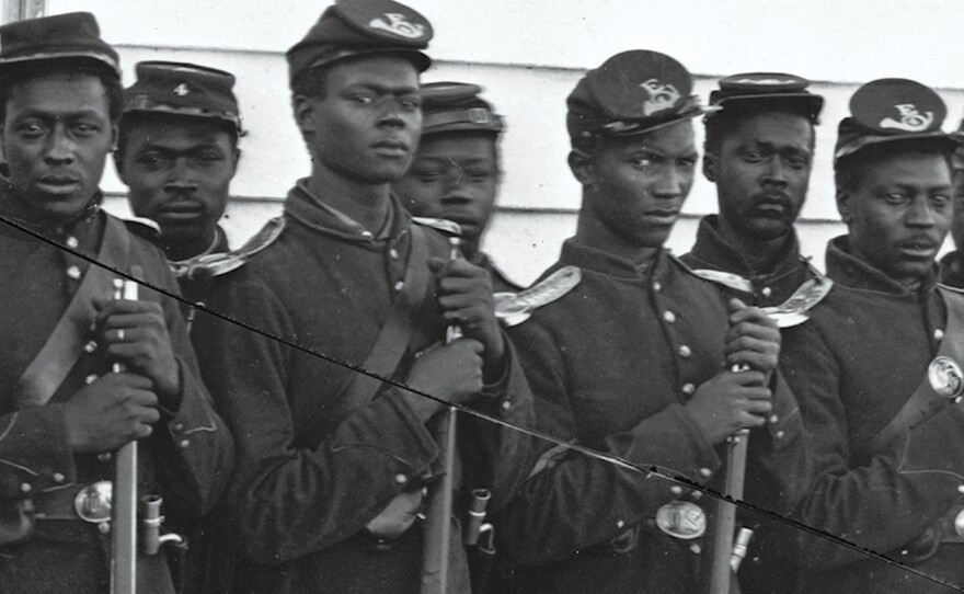 Archival photo of African American soldiers at Camp Nelson, Kentucky.