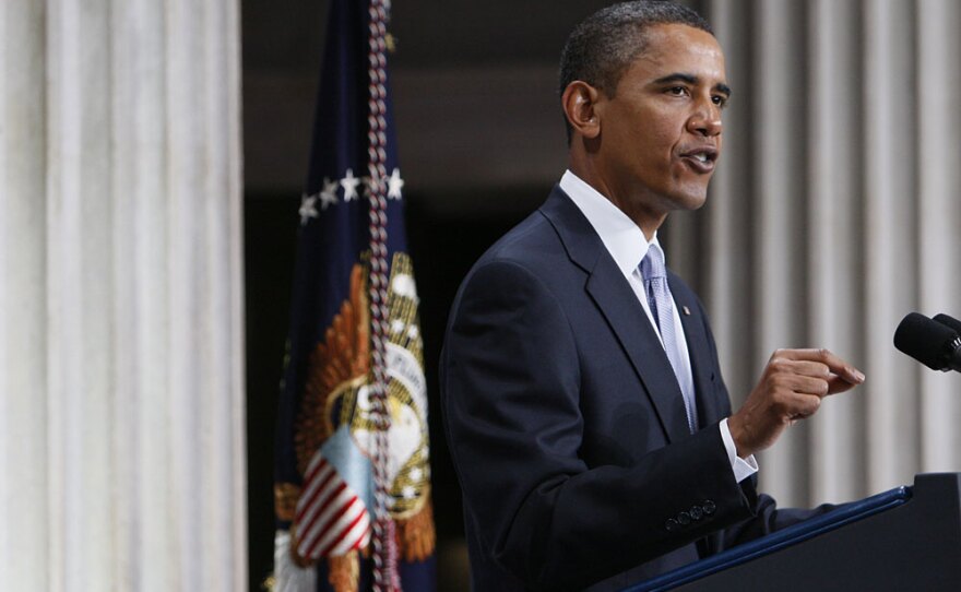 President Obama speaks about the financial crisis Monday, on the anniversary of the Lehman Brothers collapse, at Federal Hall on Wall Street.